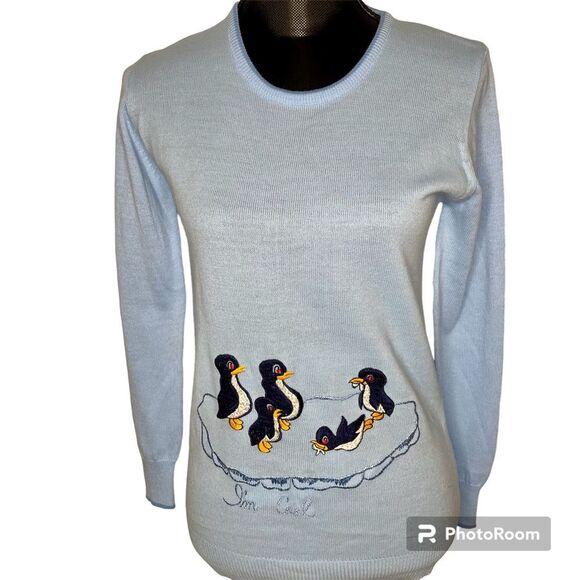 Vintage Rochelle Sweater Knit Penguin I’m Cool Zip Crewneck Blue Size Medium - Picture 1 of 10